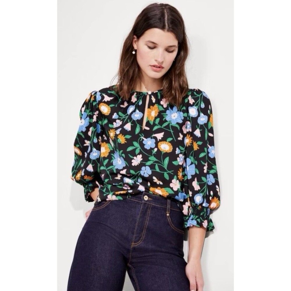 KATE SPADE Floral Garden Smocked Keyhole Neck Blouse Medium Top Quiet Luxury